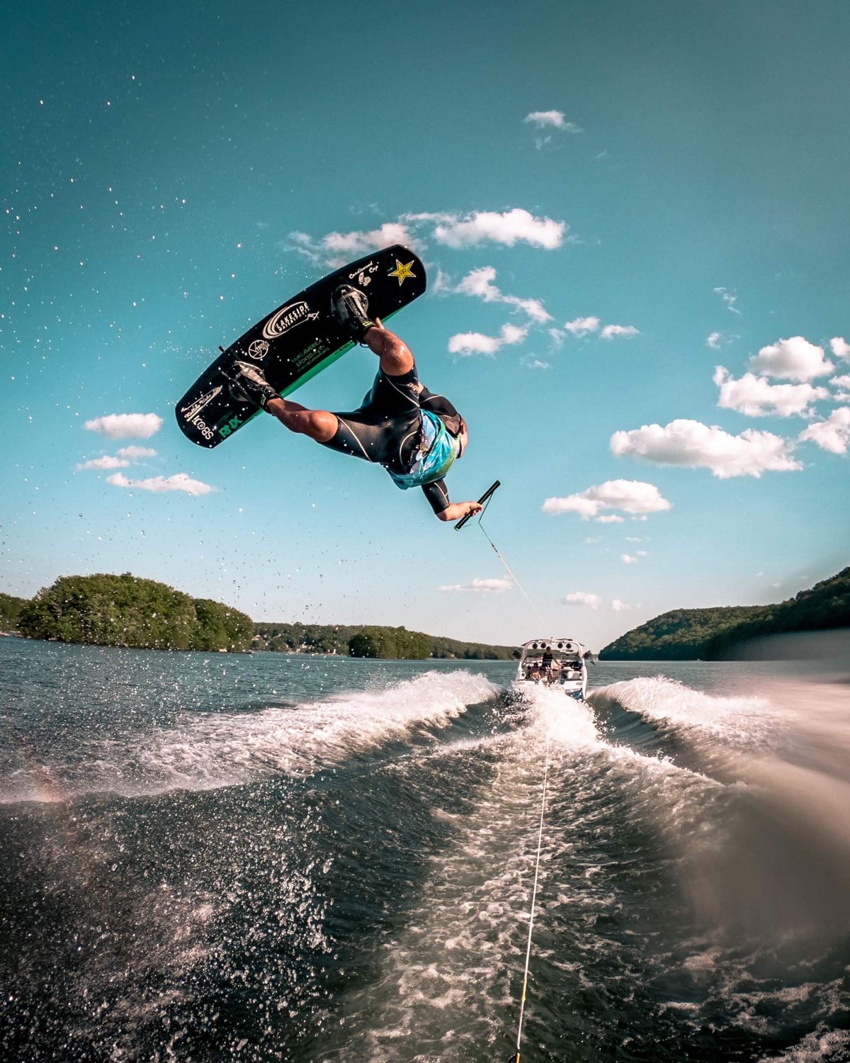 Connor Kostyra wakeboarding on Candlewood Lake, Connecticut